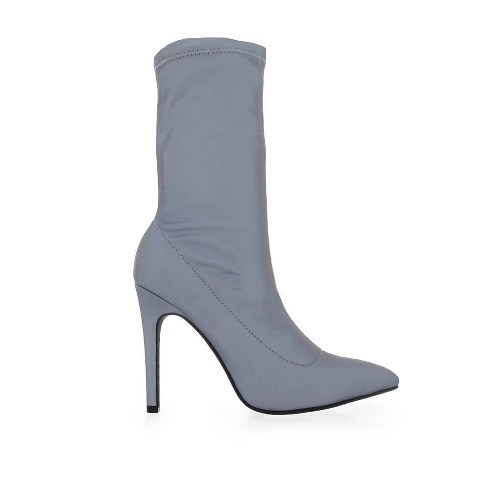 Women's silver ankle boot shoes with a back zipper - side view