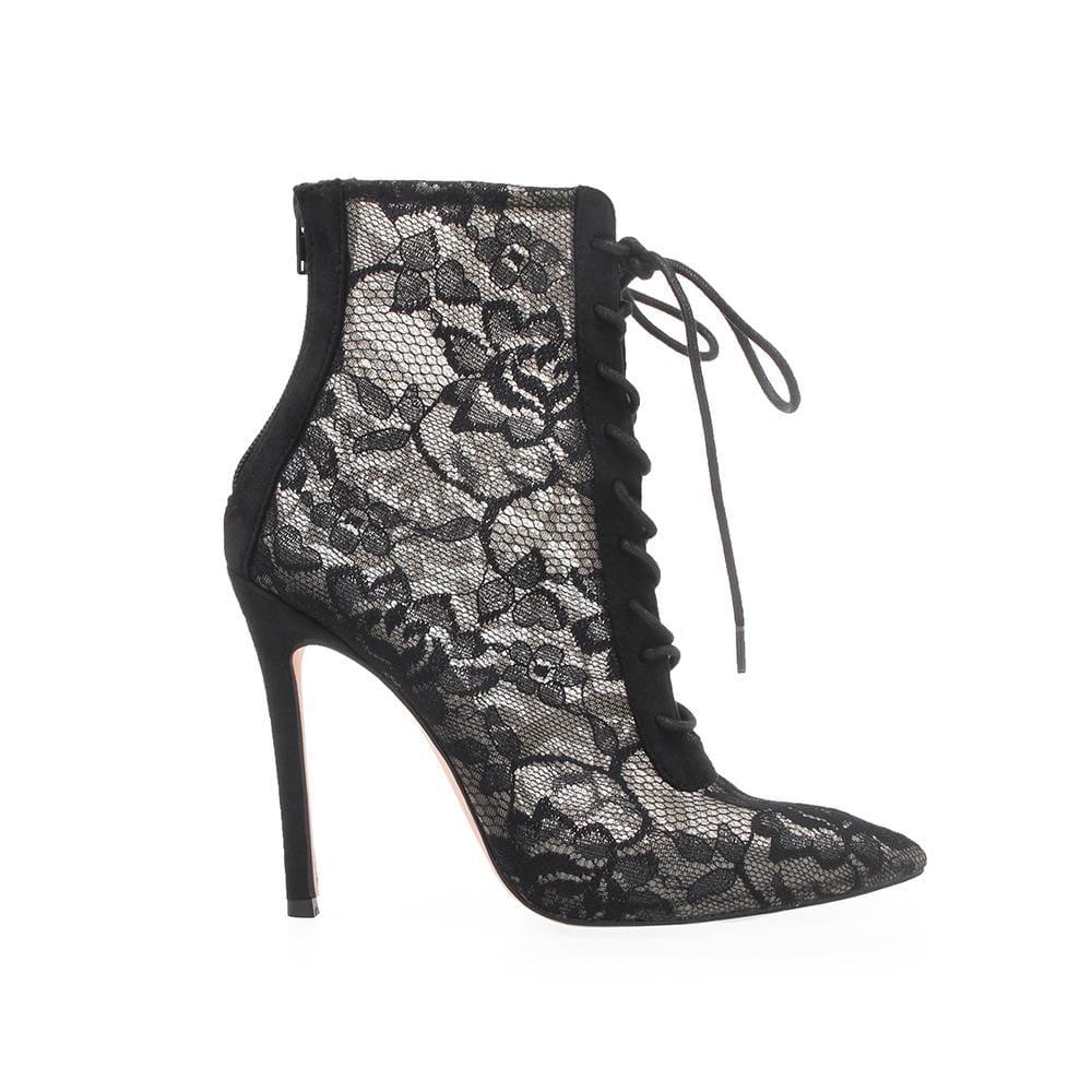 black ankle boot heels for women with floral lace mesh and back zipper