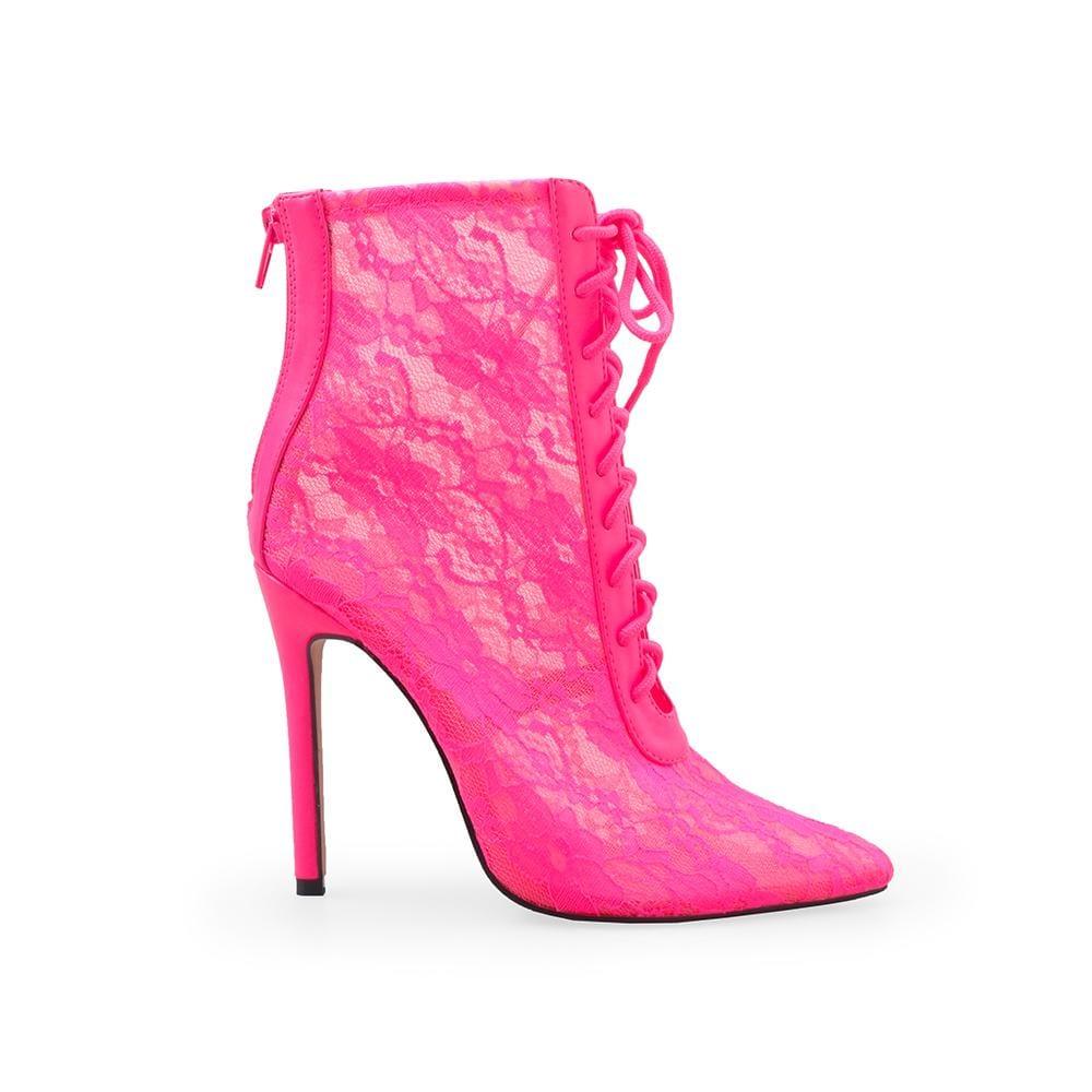 Women's neon pink-colored ankle boot heels with floral lace mesh and back zipper