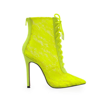 Neon yellow colored women's ankle boot heels with floral lace mesh and back zipper