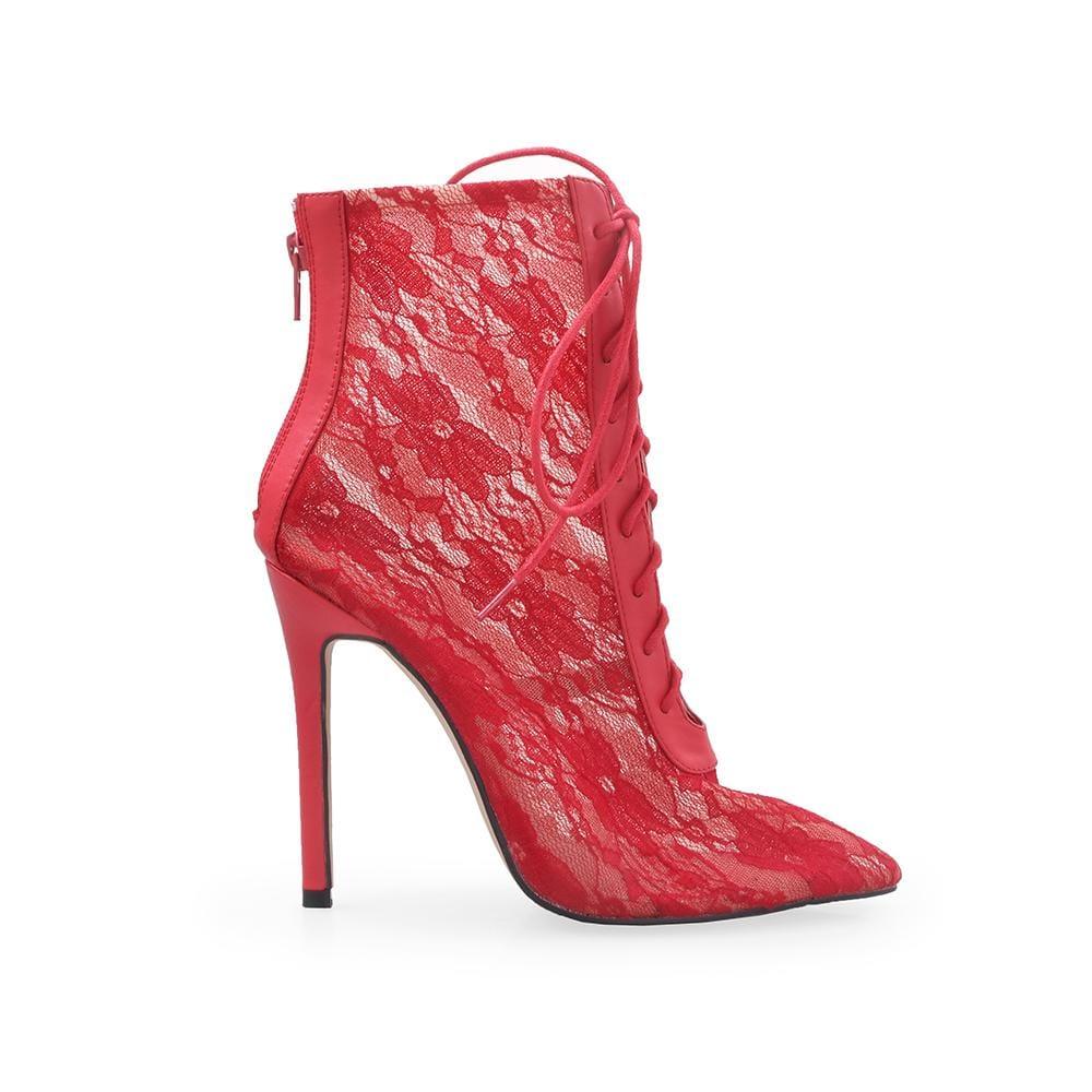 Red-colored ankle boot heels for women with a back zipper and floral lace upper