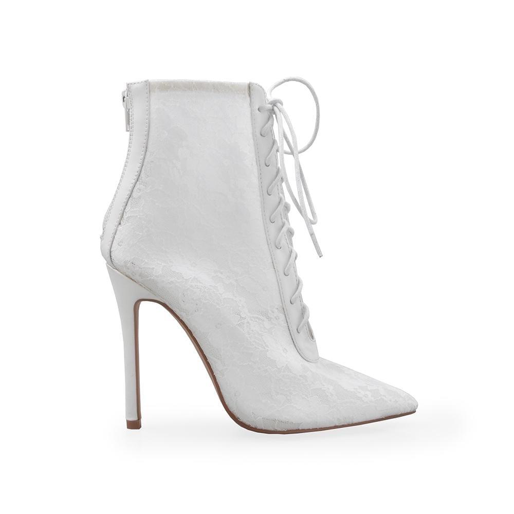 Women's white colored ankle boot heels with back zipper and floral lace upper 