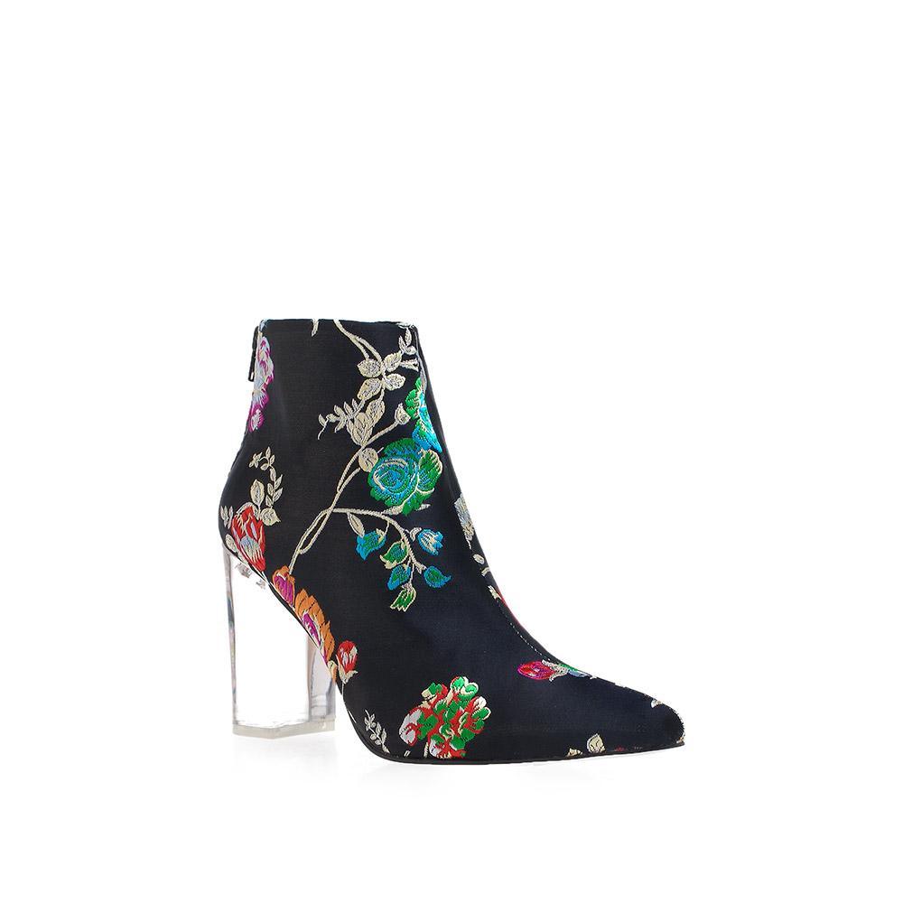 transparent women's ankle boots block heels with colorful floral black upper