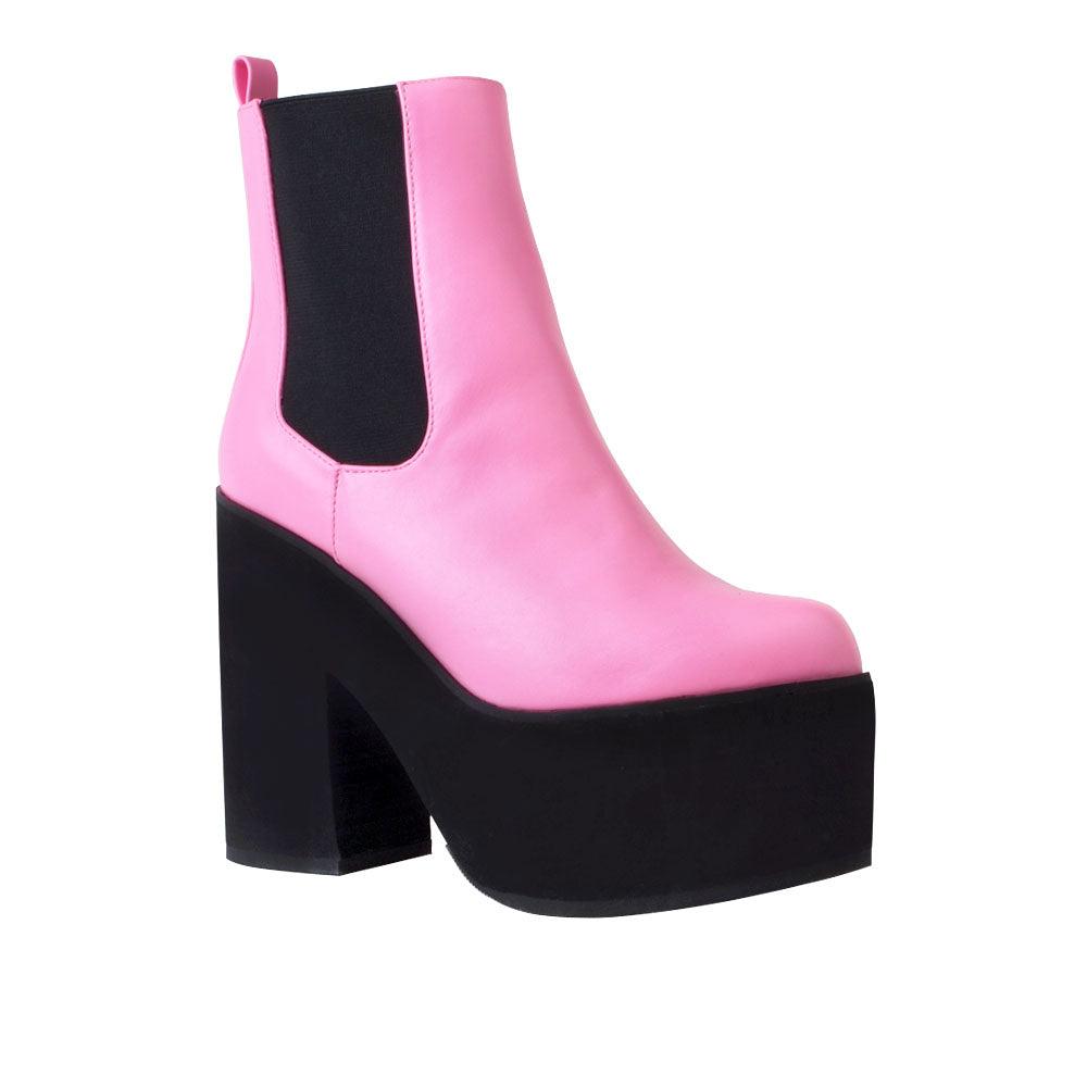 Women's black-color block heel ankle boots with upper pink and slip-on style-corner view