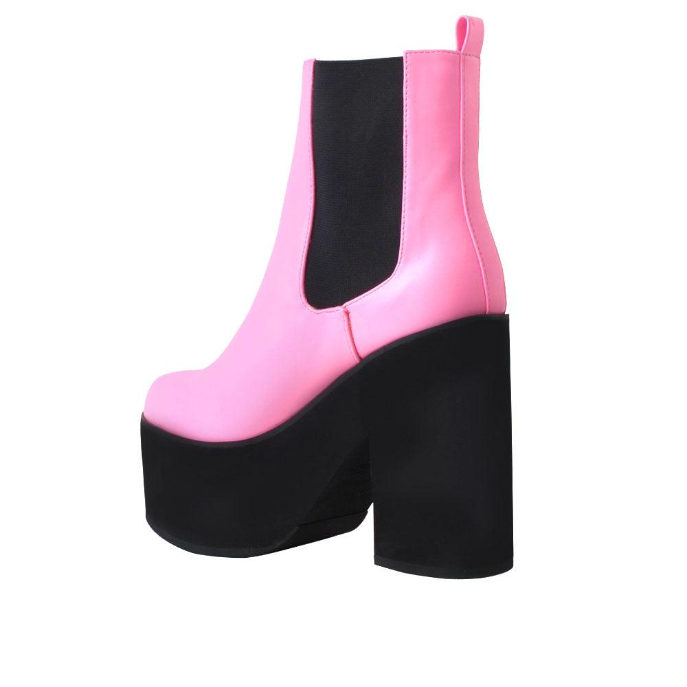 Women's black-color block heel ankle boots with upper pink and slip-on style-posterior view