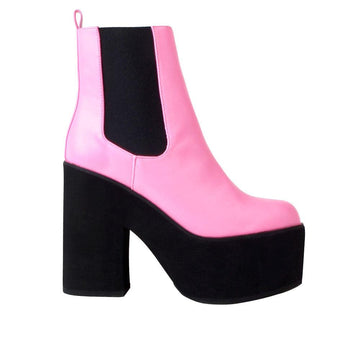 Women's black-color block heel ankle boots with upper pink and slip-on style-side view