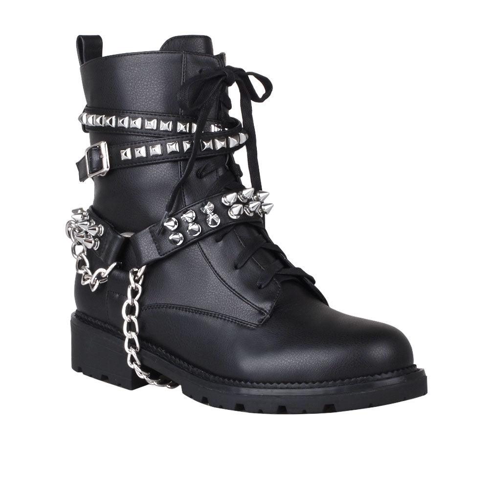 Women's black-colored ankle boots with metallic chain and studs-corner view