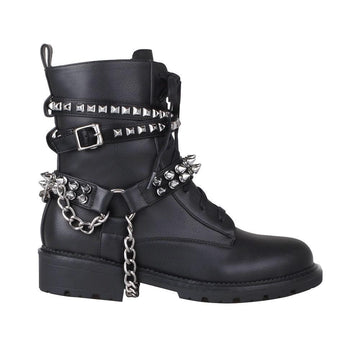 Women's black-colored ankle boots with metallic chain and studs-side view