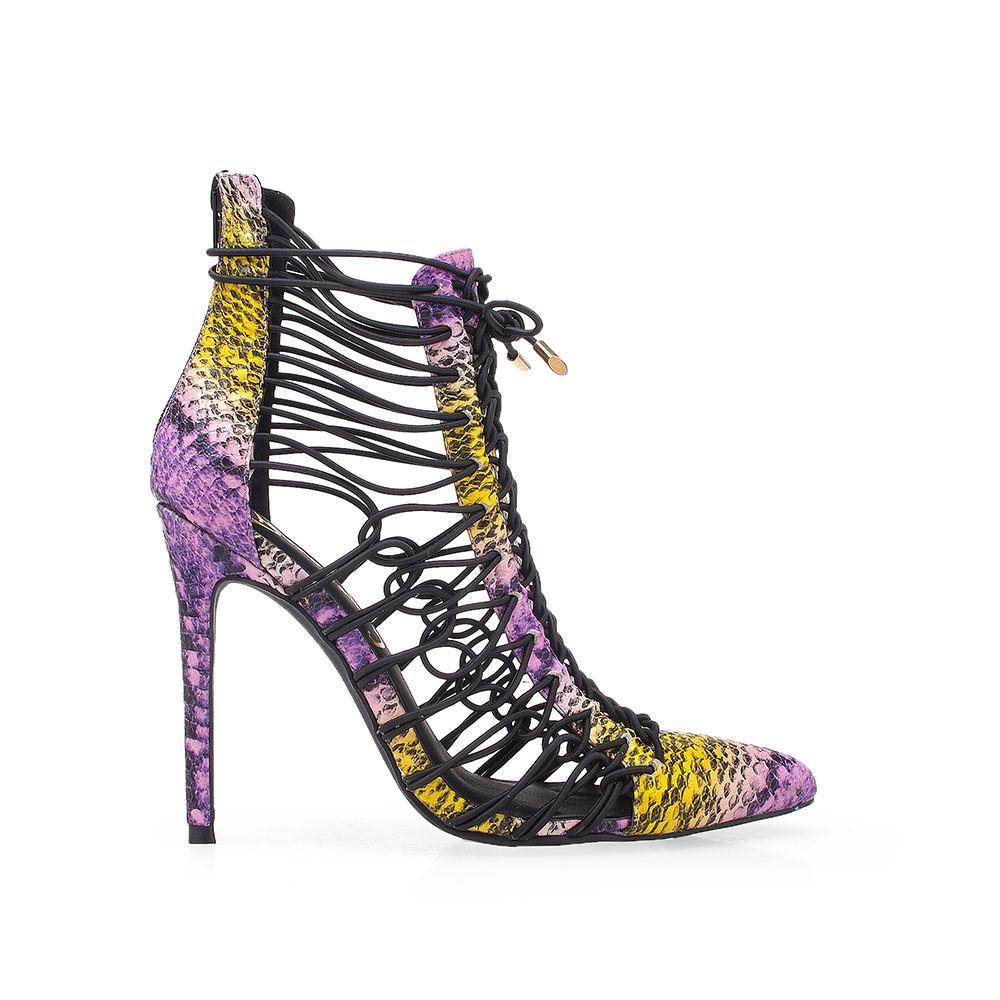 Ankle boot heels for ladies with a wraparound lace-up and purple snake design