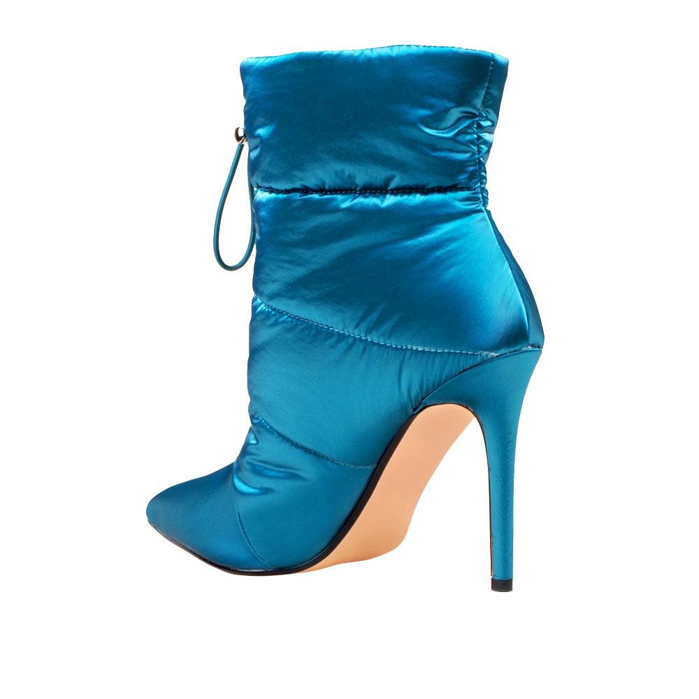 Women's Teal-colored ankle boot heels with a slip on pattern and pointy toe-posterior view