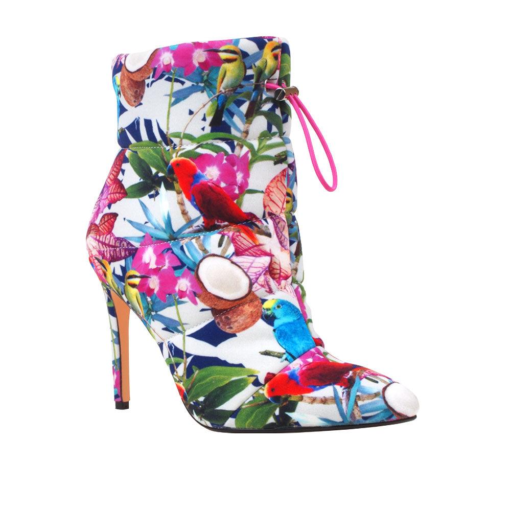 floral-patterned ankle boot heels for women with a slip on design and pointed toe-corner view