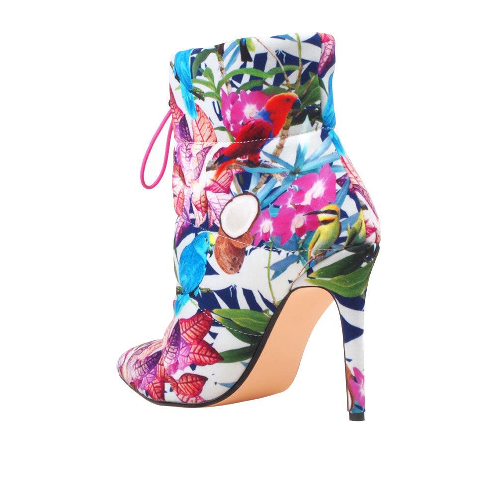 floral-patterned ankle boot heels for women with a slip on design and pointed toe-posterior view