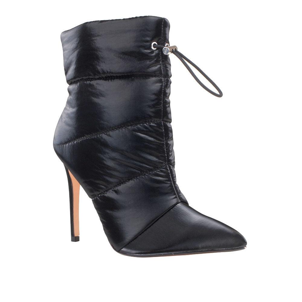 Women's ankle boot heels in Black-color with a pointed toe and slip on design-corner view