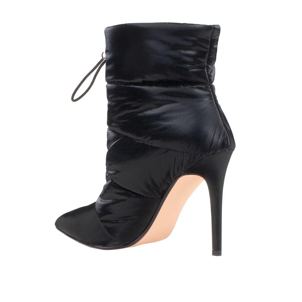 Women's ankle boot heels in Black-color with a pointed toe and slip on design-posterior view