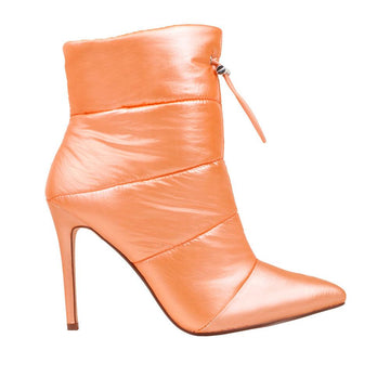 Coral-colored women's ankle boot heels with pointed toe and slip on style-side view