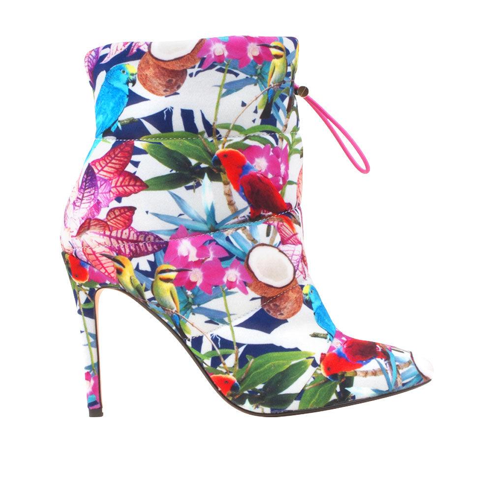 floral-patterned ankle boot heels for women with a slip on design and pointed toe-side view