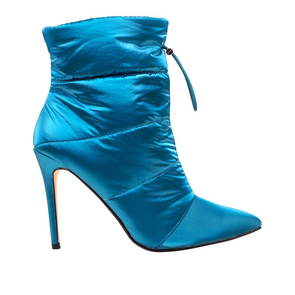 Women's Teal-colored ankle boot heels with a slip on pattern and pointy toe-side view