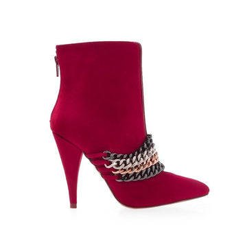 Burgundy-colored women ankle boots with metallic chain accents and rear zipper closure
