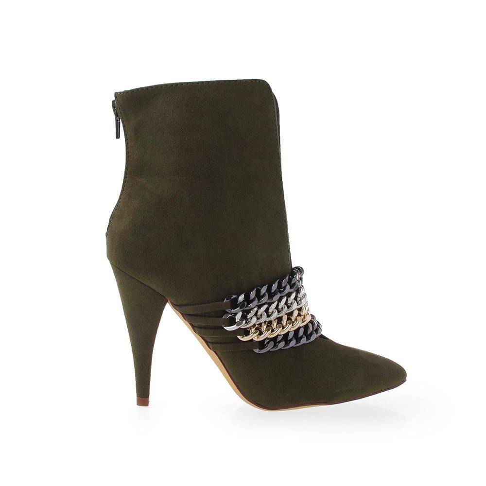 Olive-colored women's ankle boots with metallic chain details and zipper clasp at the back