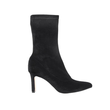 Black-colored women's ankle heel boots with velvet upper and pull on style