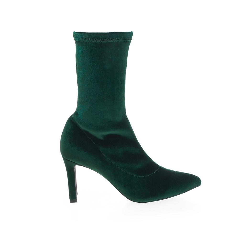 Green-colored women's velvet top ankle heel boots with pull on style