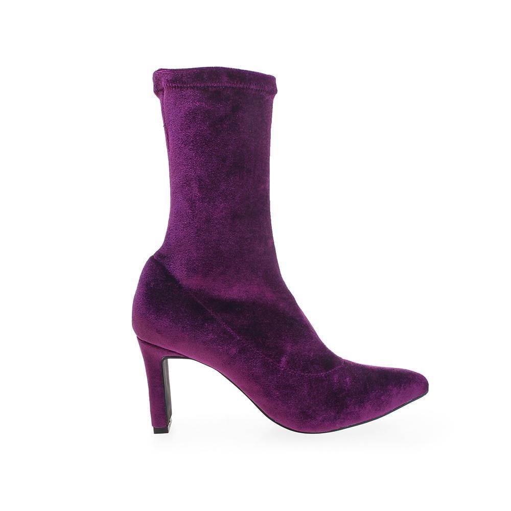 Pull-on velvet top ankle heel boots for women in purple-color