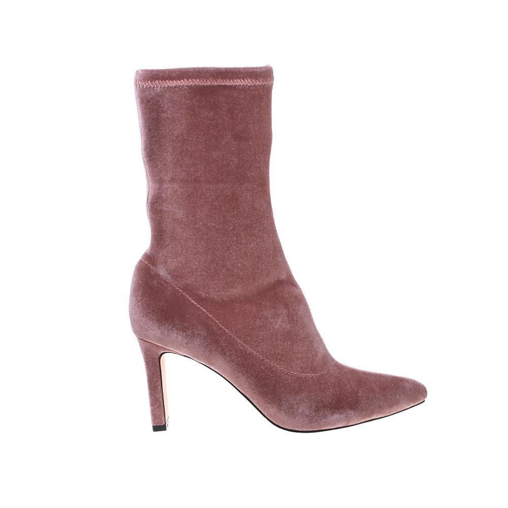 Rose pink-colored ankle heel boots for women featuring velvet top and a pull on design