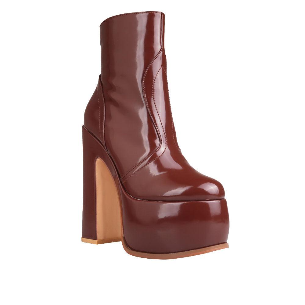 Ankle boots for women in brown-color with block heels and side zipper fastening-corner view