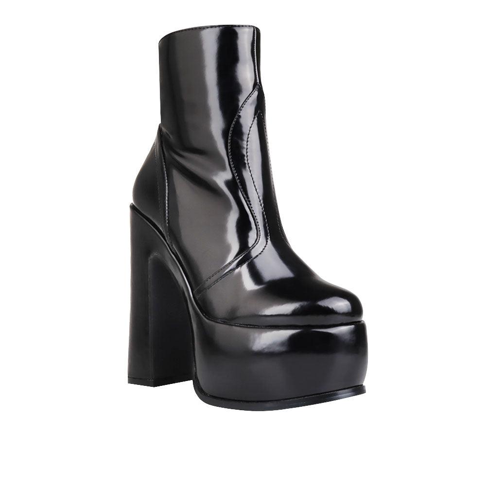 Women's black-colored ankle boots with block heels and side zipper closure-corner view