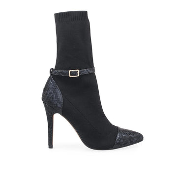 Black-colored pointed toe ankle boot for ladies with snake design heel and ankle buckle closure