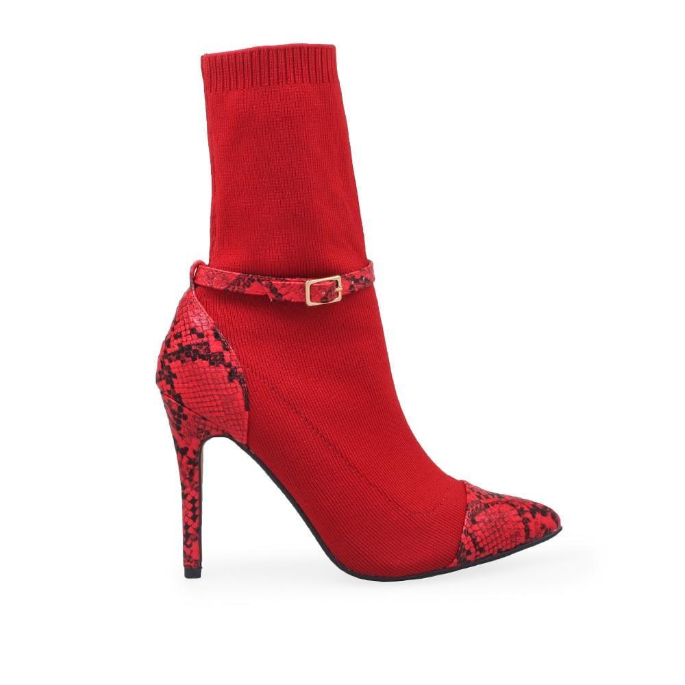 Ladies' red-colored pointed toe ankle boot with snake pattern heel and ankle buckle fastening.