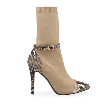 Ladies' tan-colored pointed toe ankle boot with snake pattern heel and ankle buckle fastening.