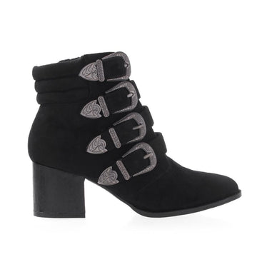 Block heels women's ankle boot in black-color with multi buckle straps pattern and side zipper closure