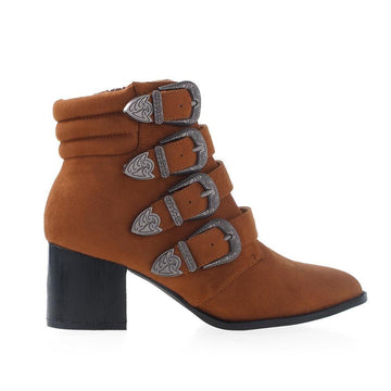 Tan-colored women's block heel ankle boot with multi buckle strap design and side zipper closure