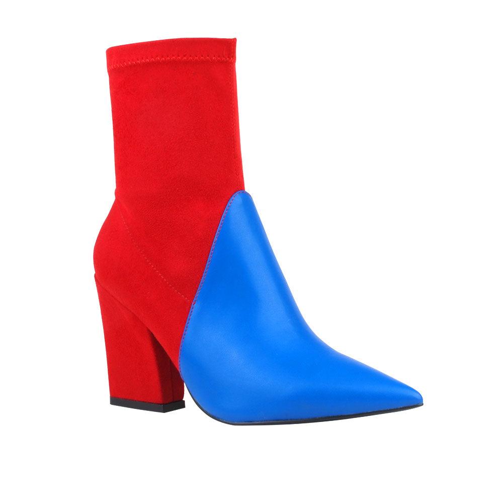 Women's block heel ankle boots with blue front and red back with a side zipper clasp-corner view