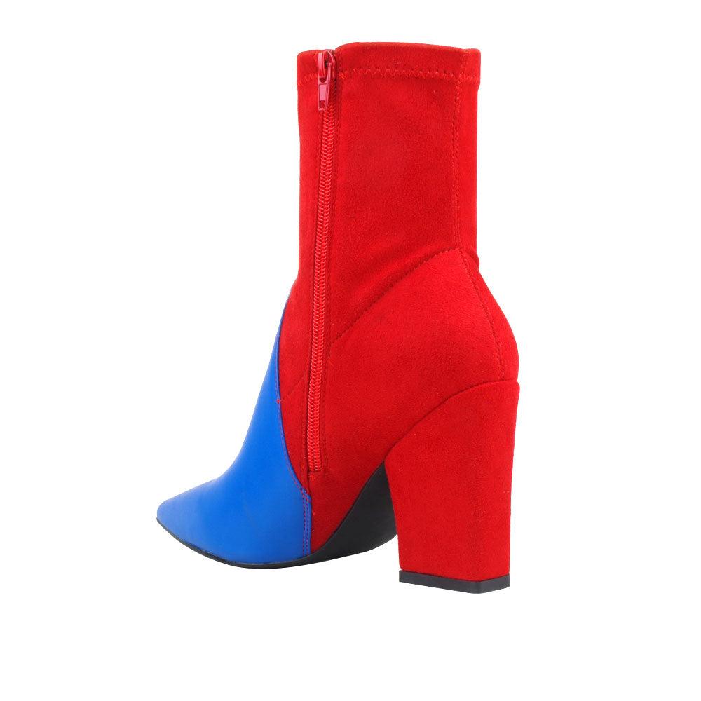 Women's block heel ankle boots with blue front and red back with a side zipper clasp-posterior view