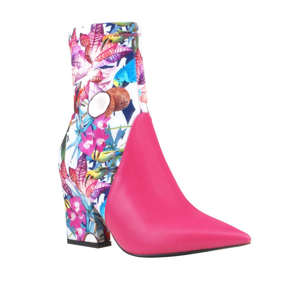 Women's fuchsia-colored block heel ankle boots with floral-pattern back and side zipper closure-corner view