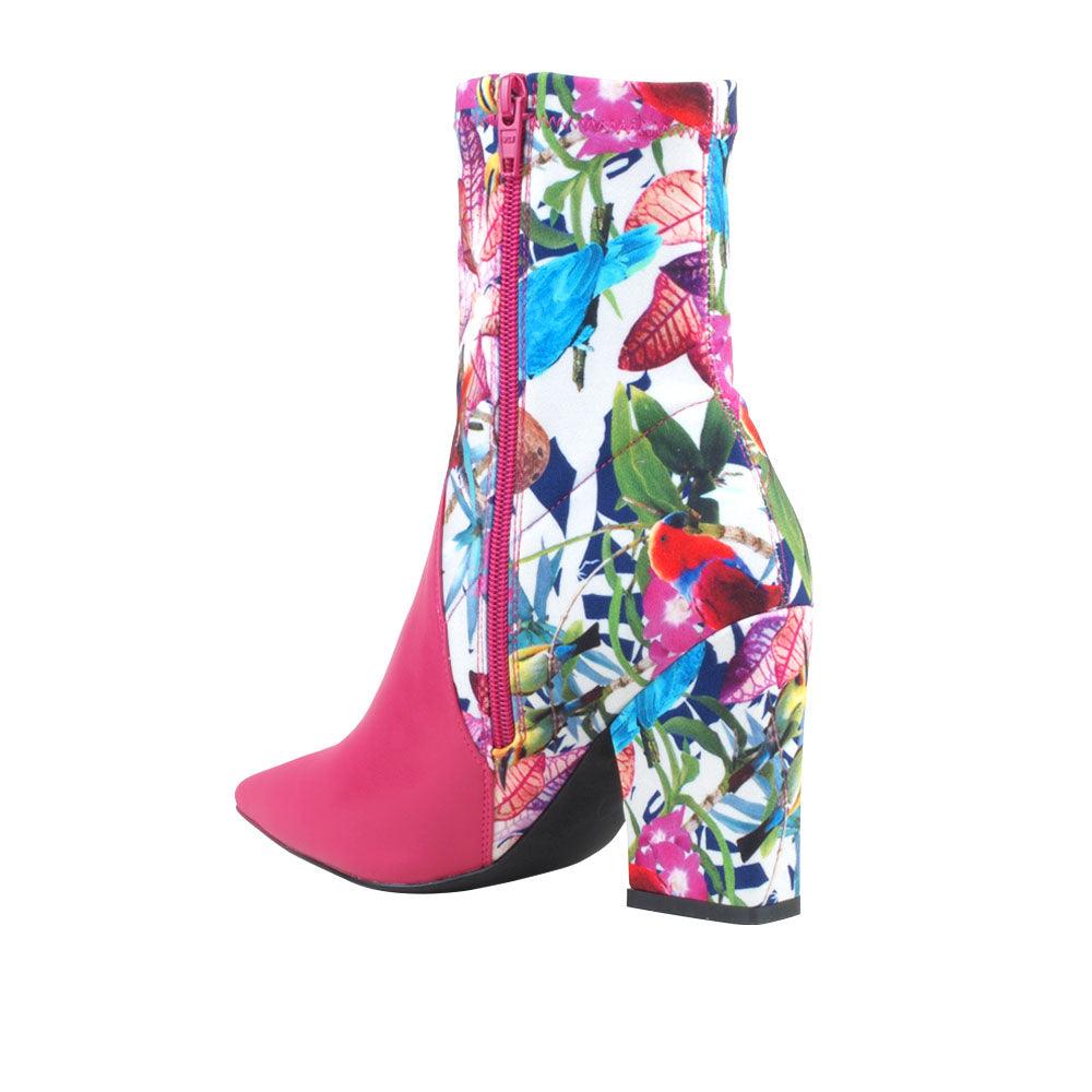 Women's fuchsia-colored block heel ankle boots with floral-pattern back and side zipper closure-posterior view