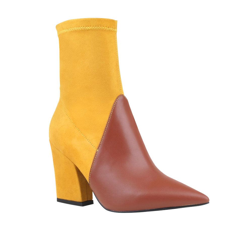 Women's block heel ankle boots in cognac-yellow color with side zipper closure-corner view