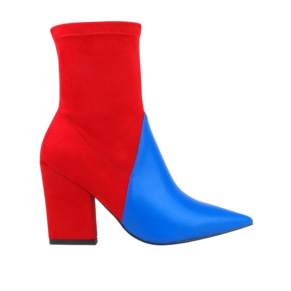 Women's block heel ankle boots with blue front and red back with a side zipper clasp-side view