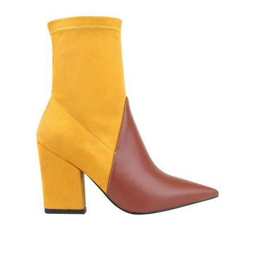 Women's block heel ankle boots in cognac-yellow color with side zipper closure-side view