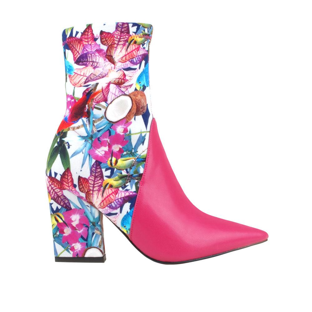 Women's fuchsia-colored block heel ankle boots with floral-pattern back and side zipper closure-side view