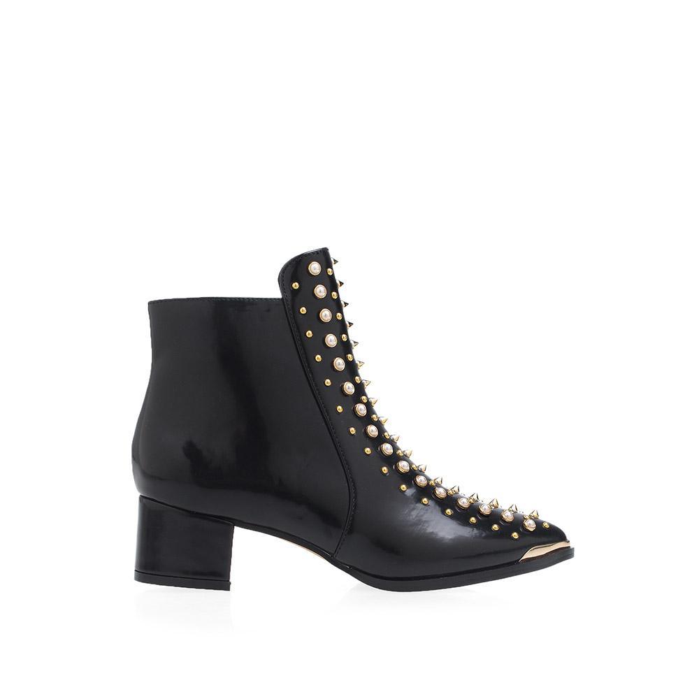 Black-colored Women's ankle boots block heels with side zipper closure and metallic gold spikes, studs, and pearl details