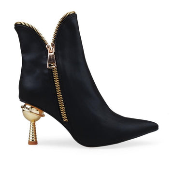 Women's ankle boots classic black-color heels with gold zipper closure and pointed toe