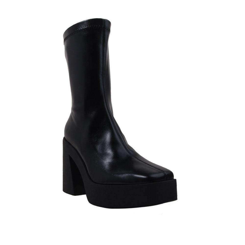 Black colored women boots with black block heels-corner view