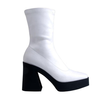 White colored women boots with black block heels-side view
