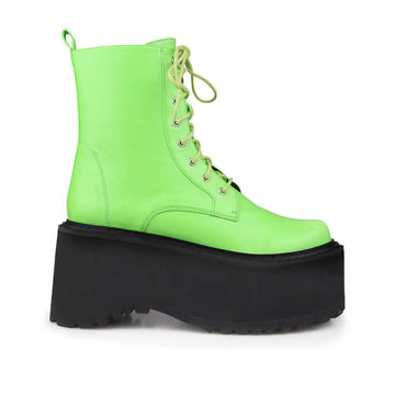 Green colored women platform boots with black base-side view