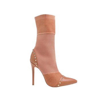 Cognac colored women's heels with fishnet upper