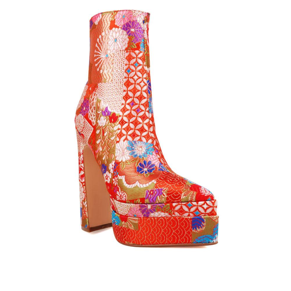 Red shaded floral women booties - corner view 