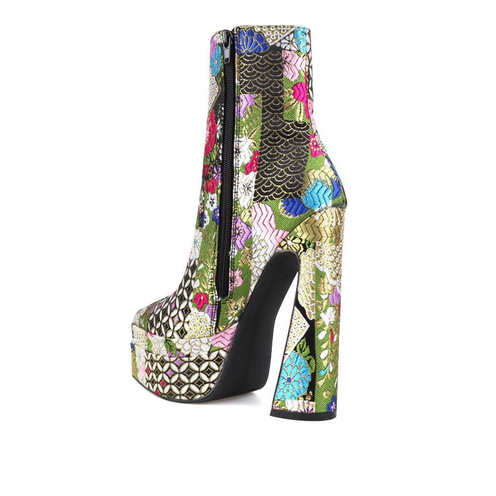 Dark shaded floral women booties - posterior view